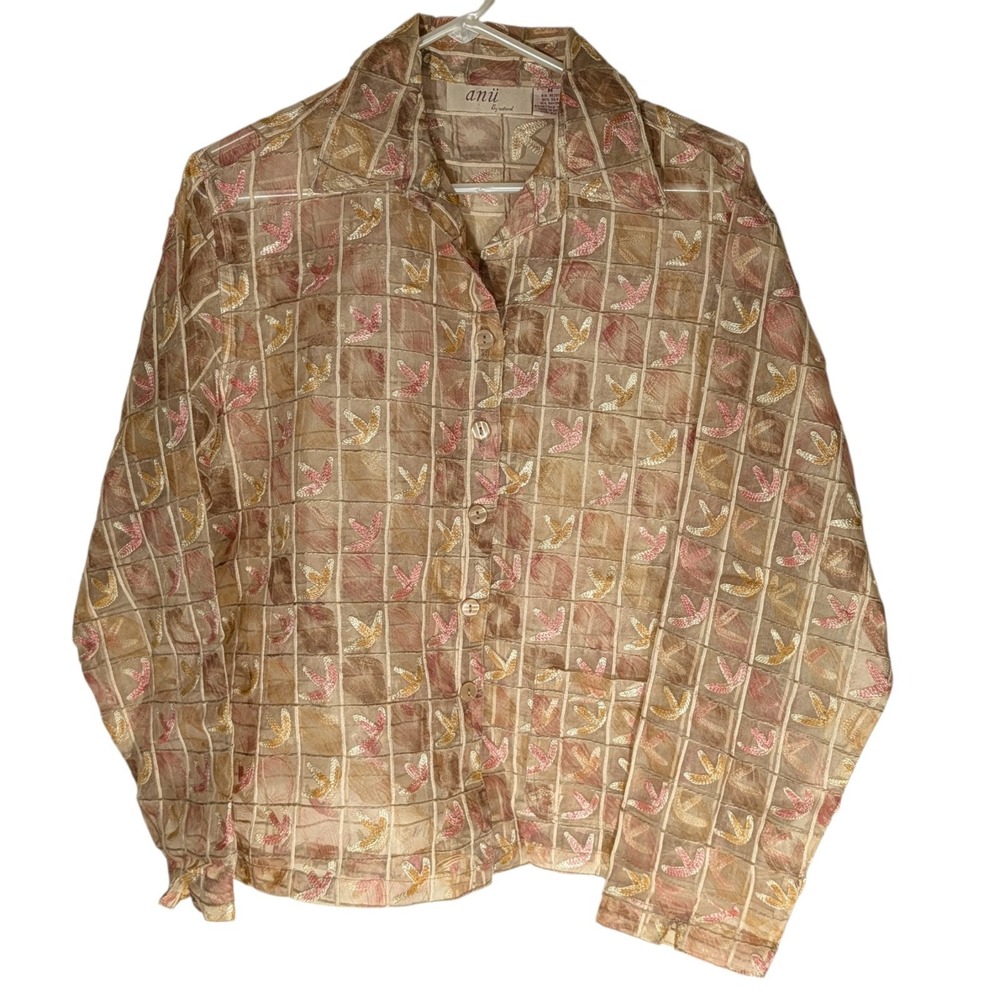 Vintage Anu By Natural Silk Blouse Sheer Embroidered Wearable Art Womens Med